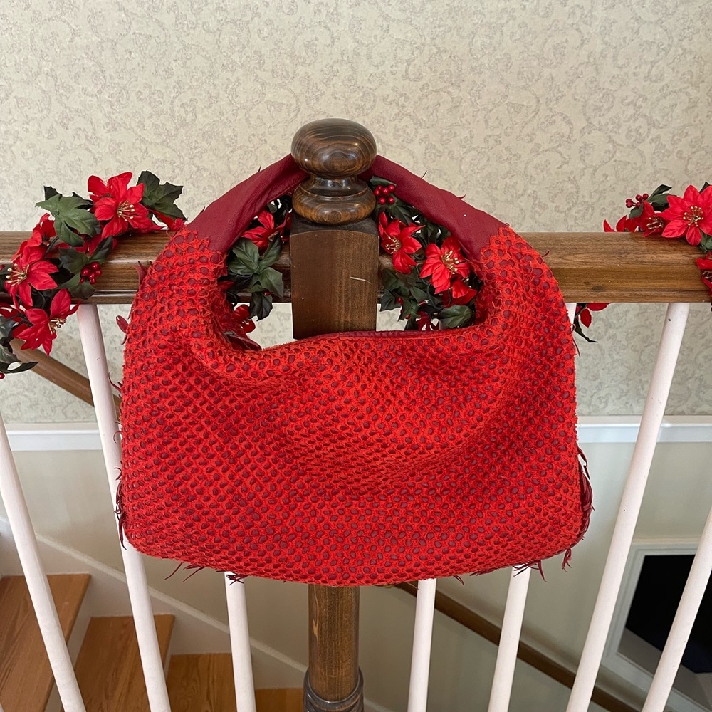 AUTHENTIC Bottega Veneta Red Woven Shoulder Bag